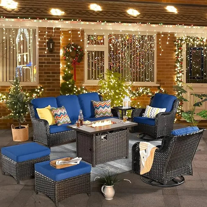 50,000 BTU Rectangular Propane Fire Pit Table 7-Piece High-Back Conversation Sofa and Matching Side Table,Grey Rattan Denim Blue