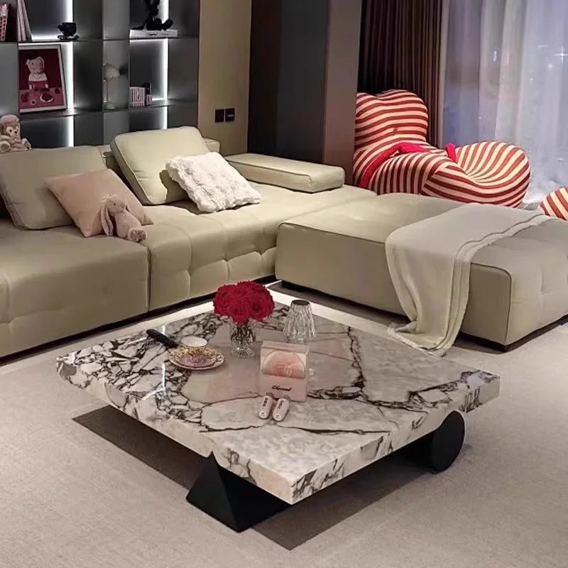"Italian Minimalist Coffee Table - Calacatta Gold Vein Marble Square, Customizable Luxury for Small/Large Living Rooms"