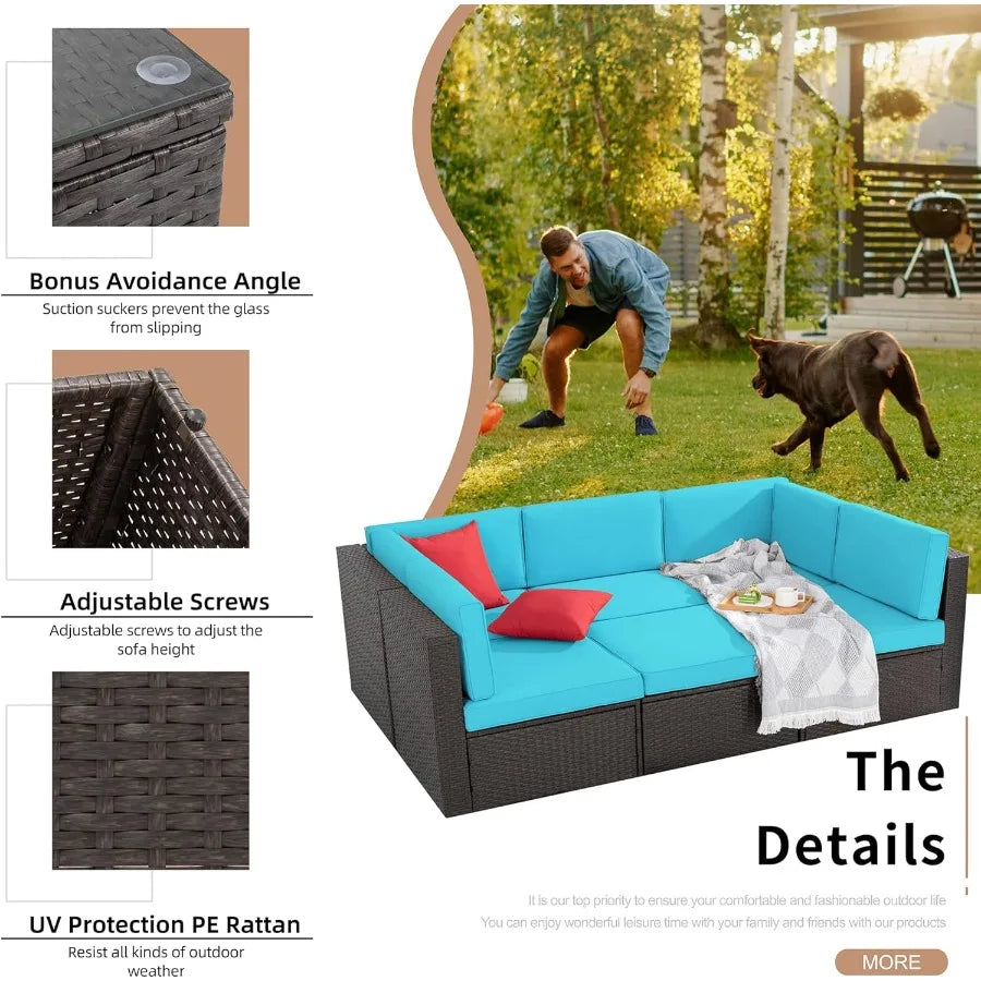 6 Pieces Outdoor AllWeather Sectional Patio Sofa Set with PE Rattan Manual Weaving Wicker Design Includes Glass Top Table and O