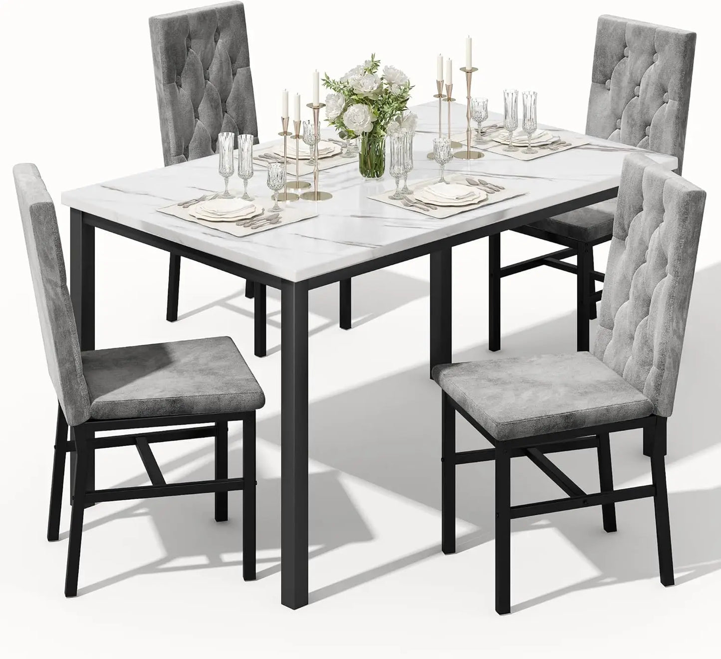 Dining Table Set for 4, Faux Marble Small Kitchen Table Chairs Set of 4 with Luxurious Button Tufted Dinner Chairs