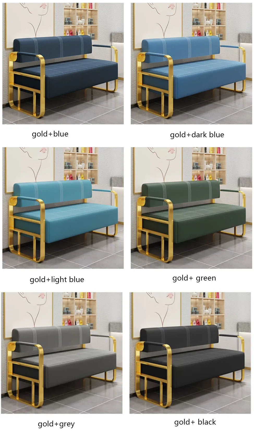 Beauty Salon Barbershop Waiting Area Furniture Gold Metal Frame Leather Double Seats Hospital Public Airport Waiting Room Chair