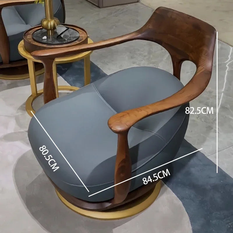 1PJ12New Chinese-style villa large flat-floor study leather walnut rotating ingot chair single sofa