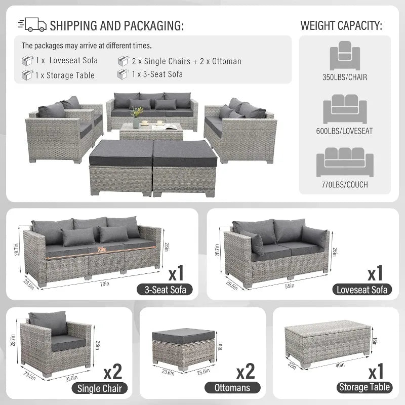Patio Furniture Set Gray Rattan 7 Pieces Outdoor Sectional Sofa PE Wicker Conversation Chairs with Storage Table and Non-