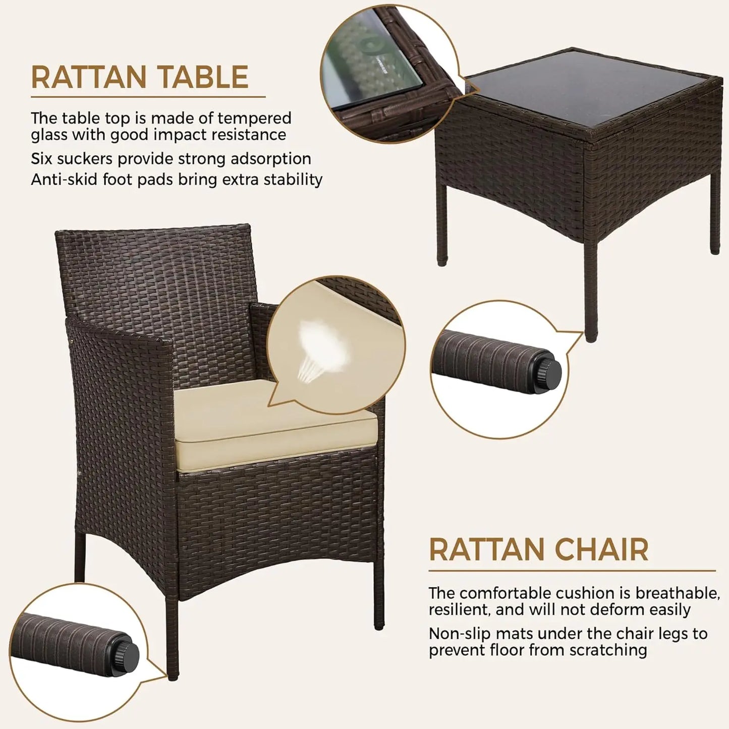 3 Pieces Patio Porch Furniture Set Outdoor PE Rattan Wicker Conversation Set with Soft Cushions Glass Coffee Table 2 Chairs for