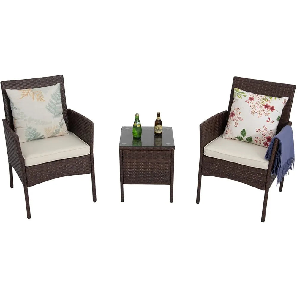 3 Piece Outdoor Rattan Patio Porch Furniture Sets,Wicker Chairs with Table,Garden Lawn Pool,Brown