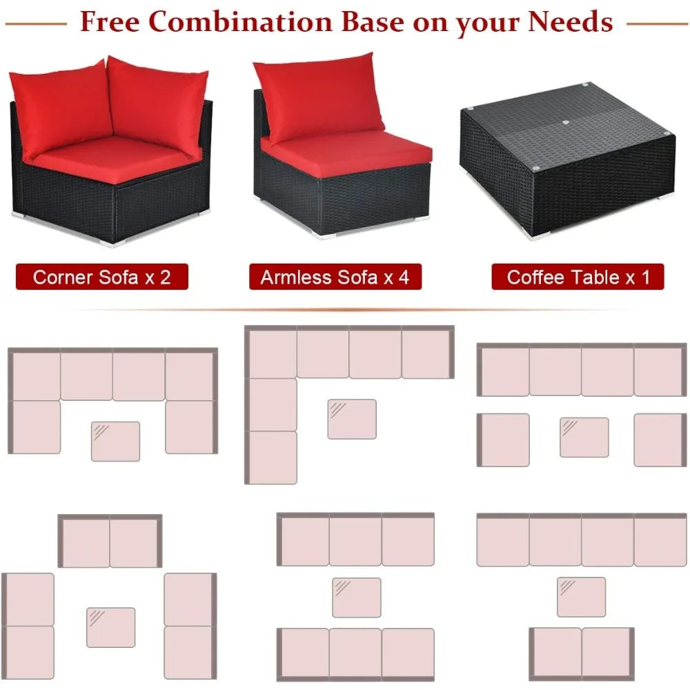 7 Piece Patio Furniture Set, Outdoor Sectional Sofa w/Pillows and Cushions, Wicker Sofa Conversation Set with Coffee Table