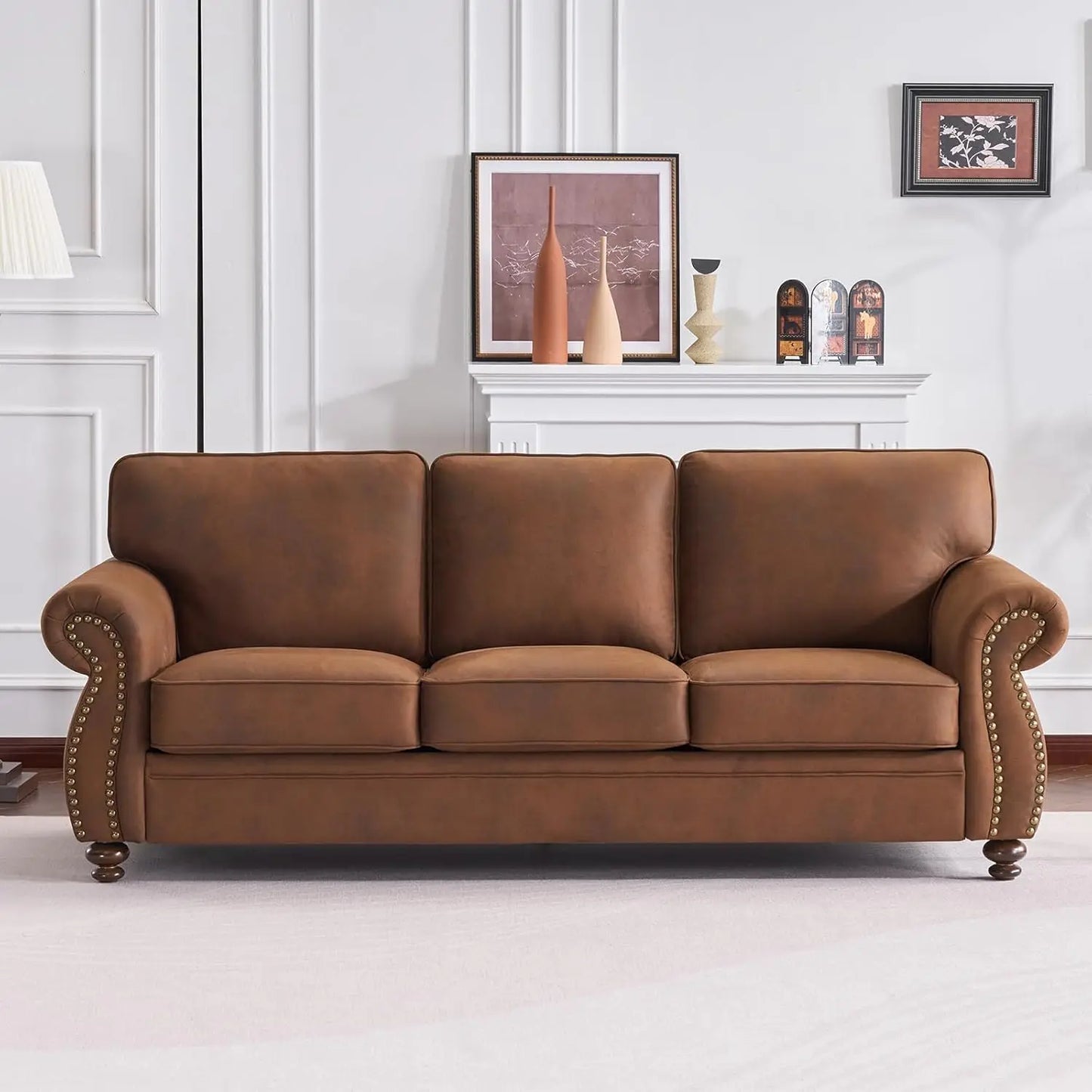 Mid-Century Vintage 3-Seater Sofa Couches Rivet Design Removable Cover Upholstered Cushions Customized Living Room Furniture