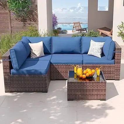 Patio Furniture Set Outdoor Modern Sectional Wicker Couch with Glass Coffee Table, Thicken Cushions, Waterproof Cover