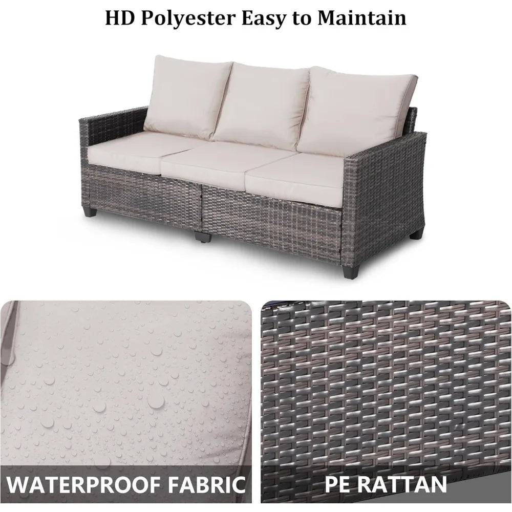 "3-seat weather-resistant wicker patio sofa with high curved back and plush cushions"