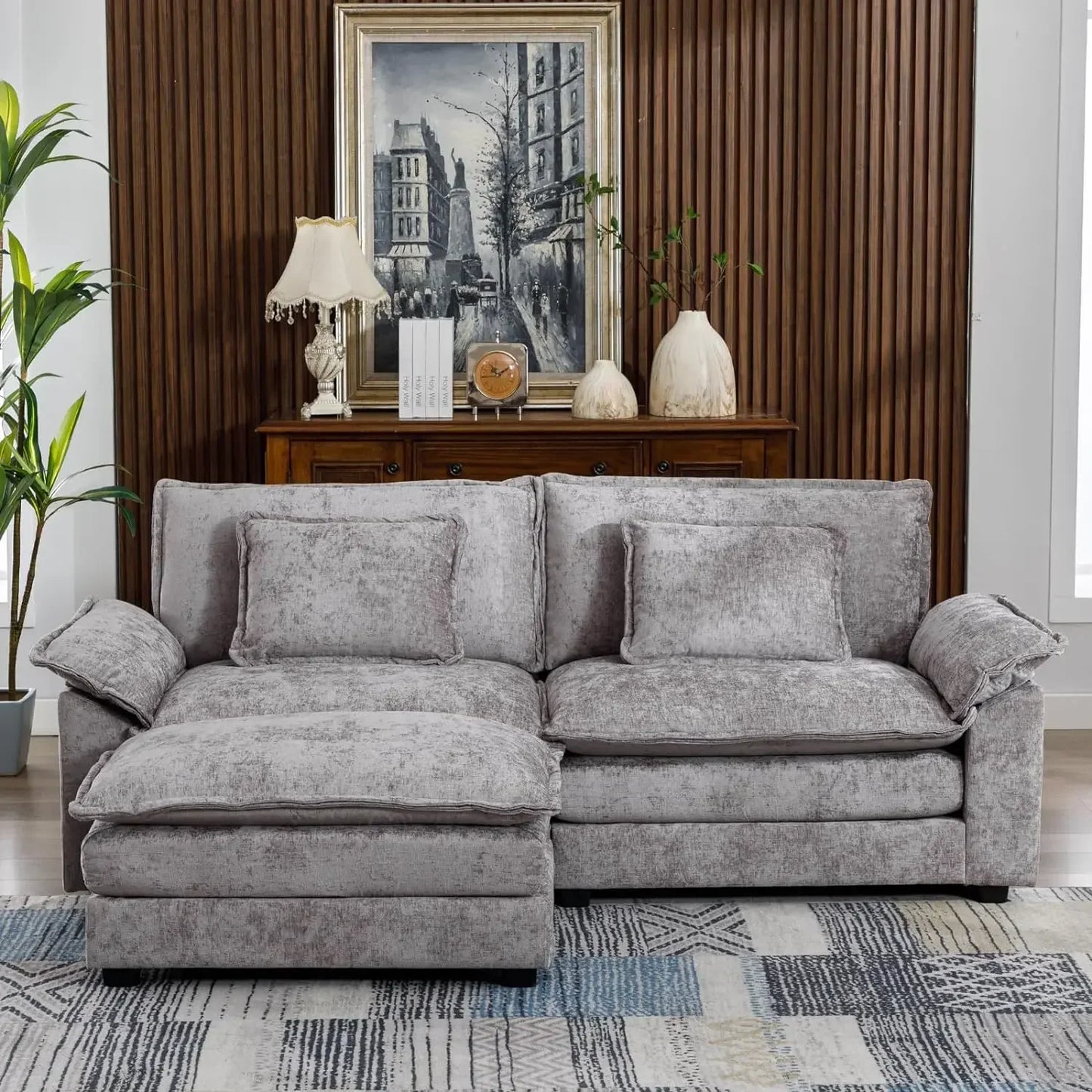 Convertible Sectional Sofa, Chenille Fabric Double-Upholstered Comfy Sleeper Sofa