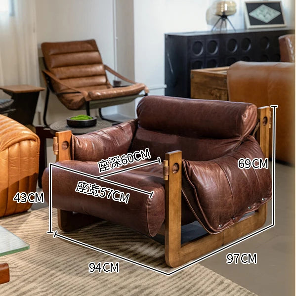 Casual leather recliner retro solid wood reading chair