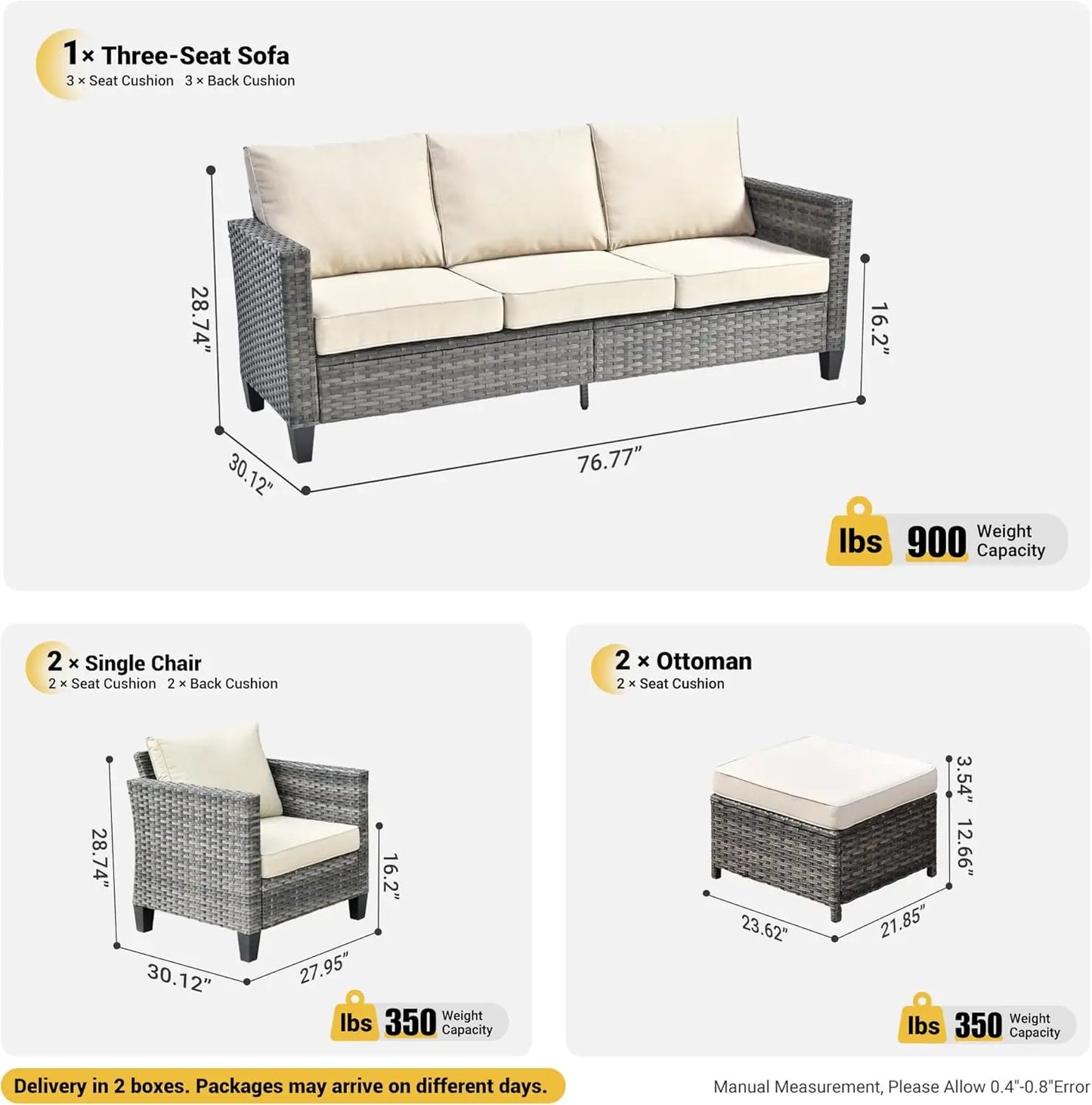 Patio Furniture Set, 5 Pieces Outdoor Wicker Sofa Couch with Chairs, Ottomans and Comfy Cushions, All Weather High