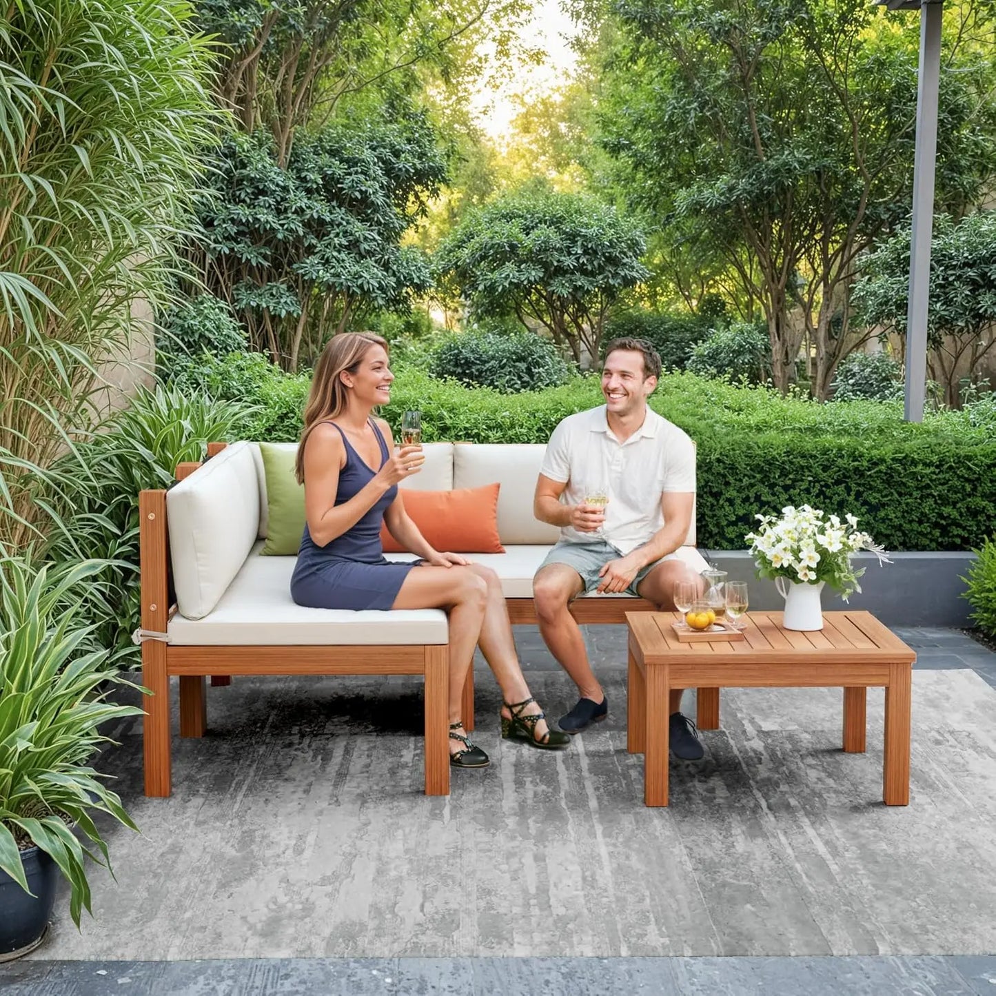 4 Pieces Outdoor Sectional Couch Patio Sectional Sofa with Acacia Wood Coffee Table, Outdoor L-Shaped Couch