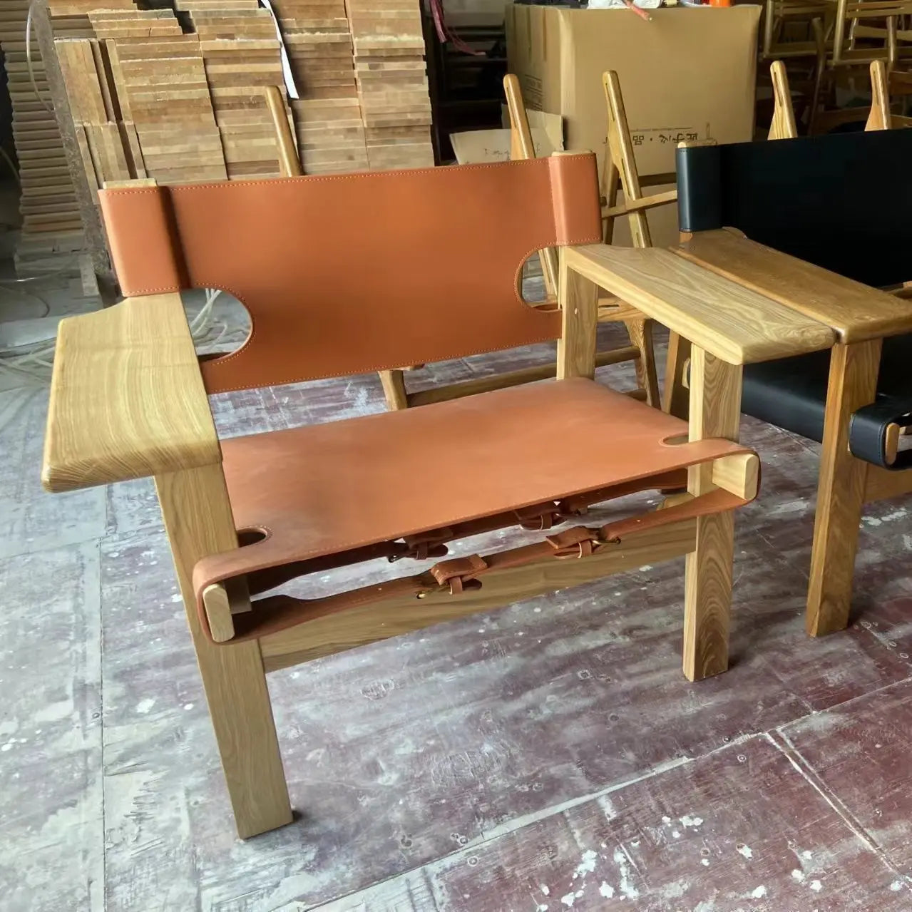 Nordic Solid Wood Design Saddle Leather Hunting Chair Living Room Balcony Wabi Sabi Single Deck Chair