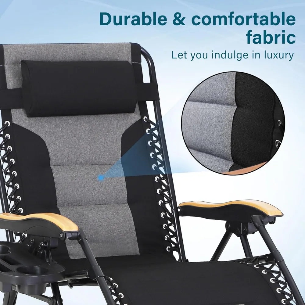 Zero Gravity Chairs, Oversized Patio Recliner Chair, Padded Folding Lawn Chair with Cup Holder Tray, Support 400lbs, Black