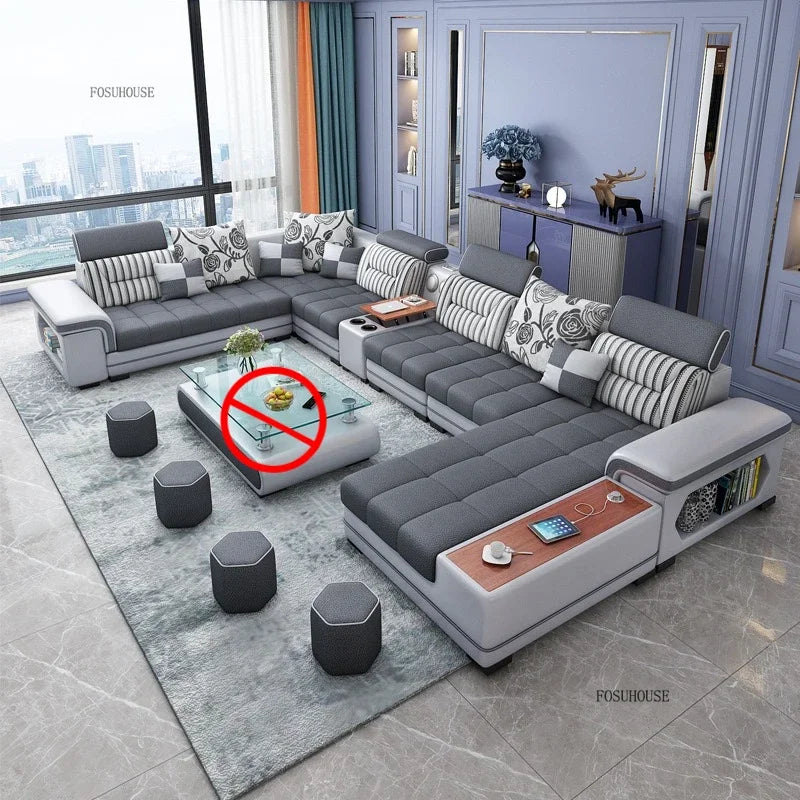 Luxury U-Shape Tech Fabric Living Room Sofas Sets with USB Villa Recliner Sofas Design Modularity Sofa for Living Room Furniture