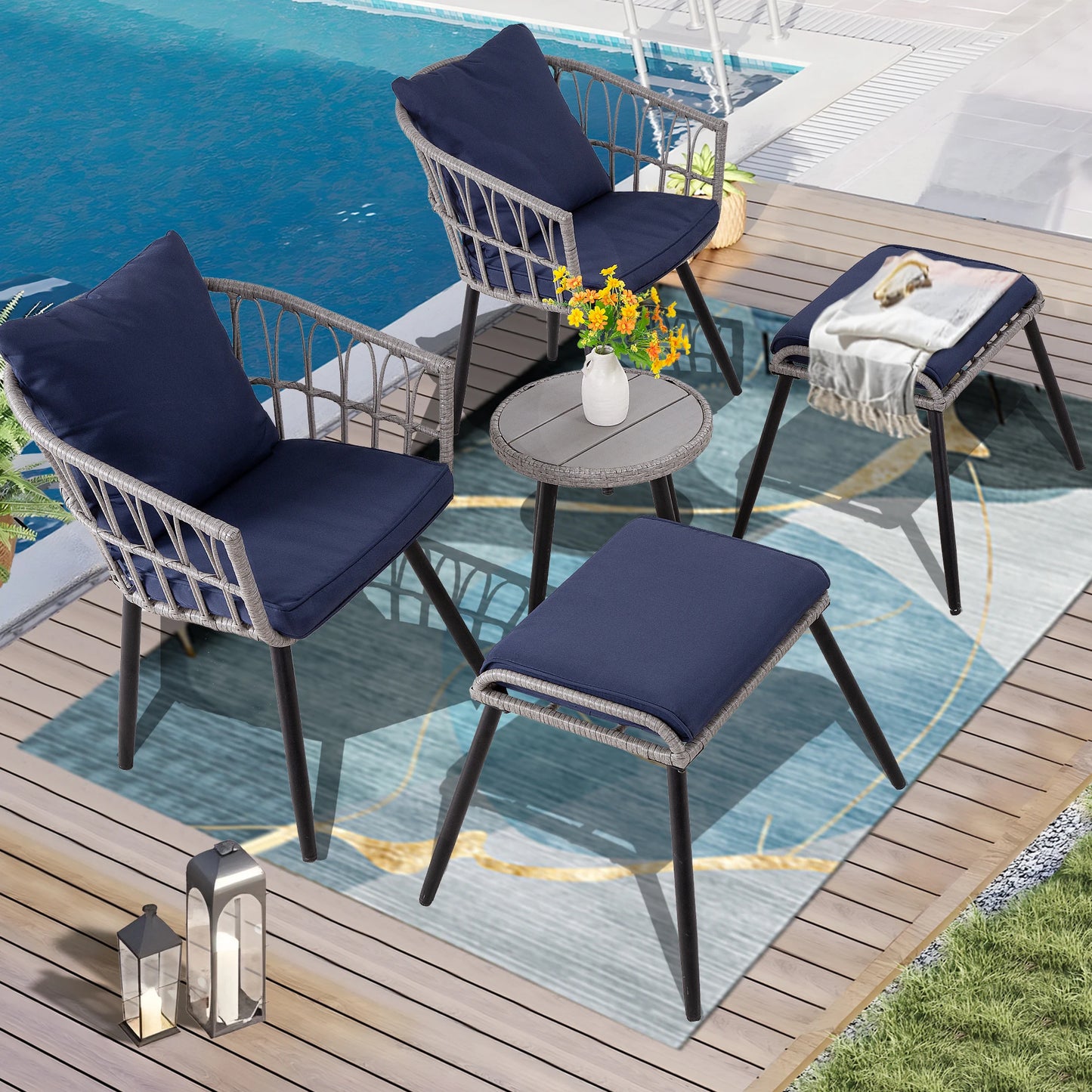 5 Piece Patio Furniture Set, Outdoor Wicker Small Conversation Bistro Set, All-Weather PE Rattan Chairs with Ottoman & Coffee Ta