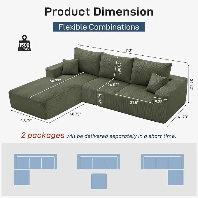 Luxury Sectional Cloud Boneless Sofa Couches | 113'' 3 Seater U-Shaped Modern Lounge Couch | No Assembly Modular for Living Room