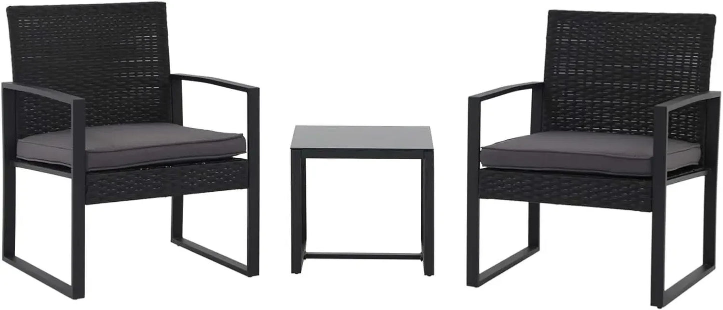 3 Pieces Patio Furniture Set, Outdoor Wicker Bistro Set, Modern Rattan Conversation Furniture with 2 Chairs and Tempered