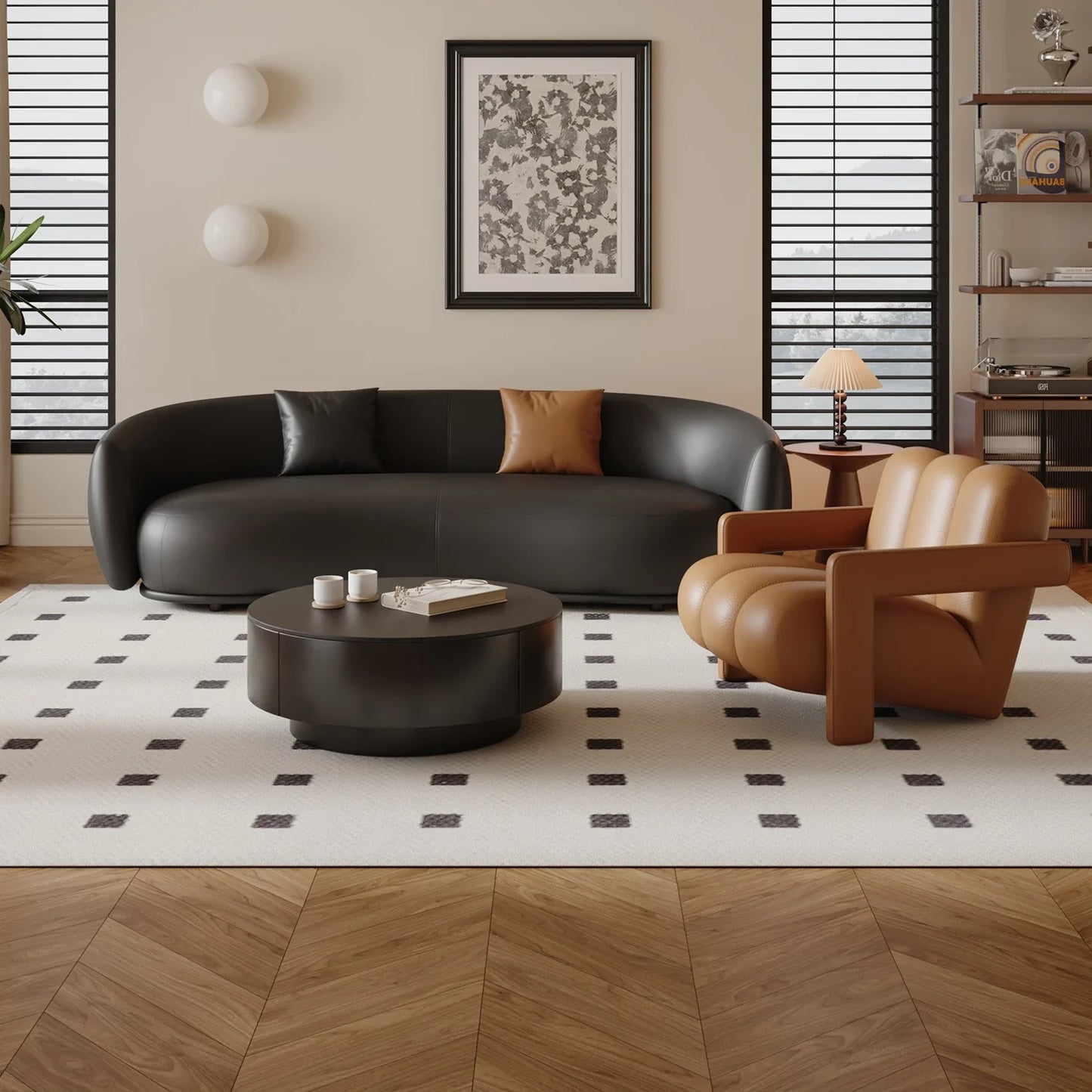 small apartment curved beauty salon Internet celebrity clothing store, rest area negotiation, black leather sofa