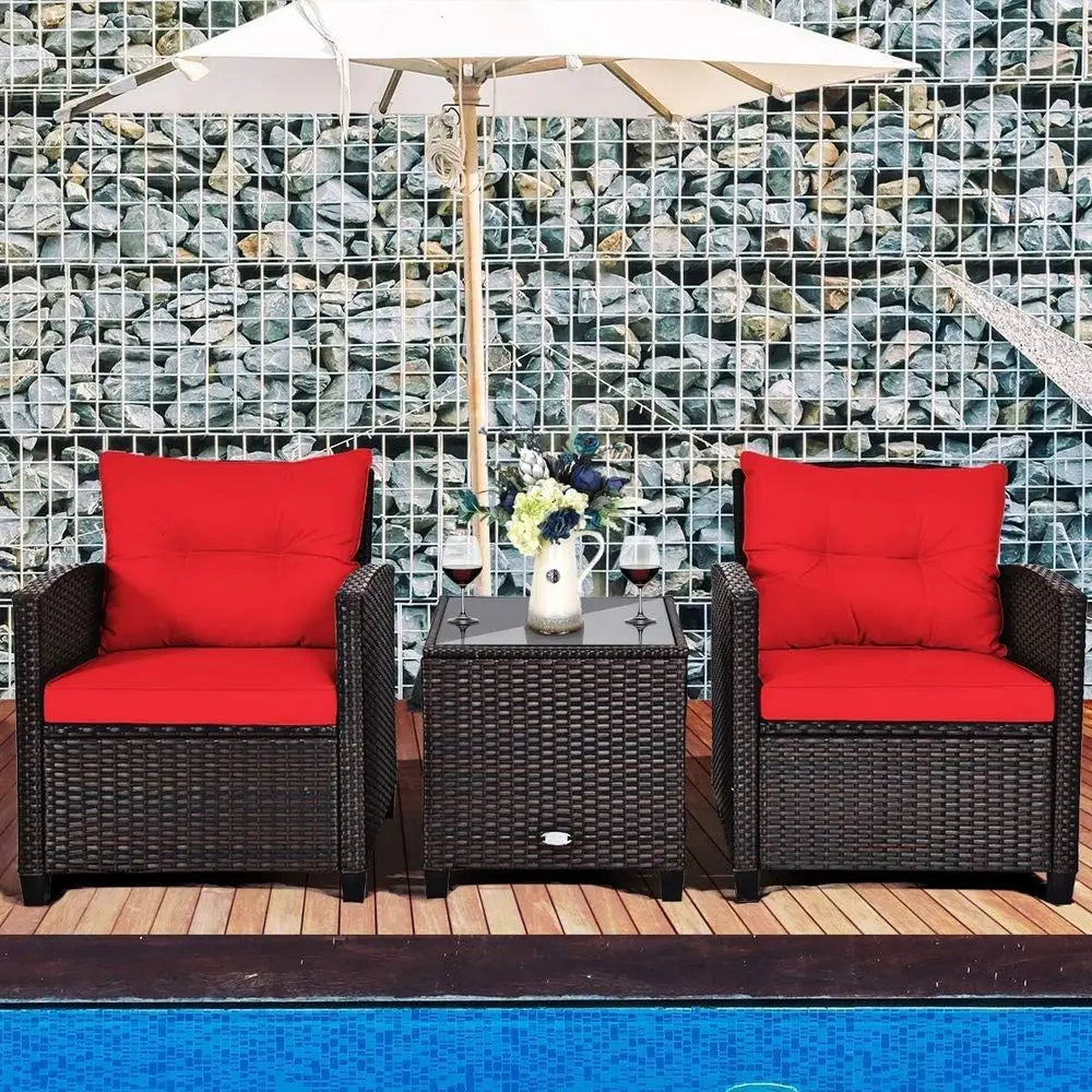 3-Piece PE Rattan Outdoor Sofa Set with Cushions and Glass Table for Patio, Balcony, Garden, Poolside (Red)