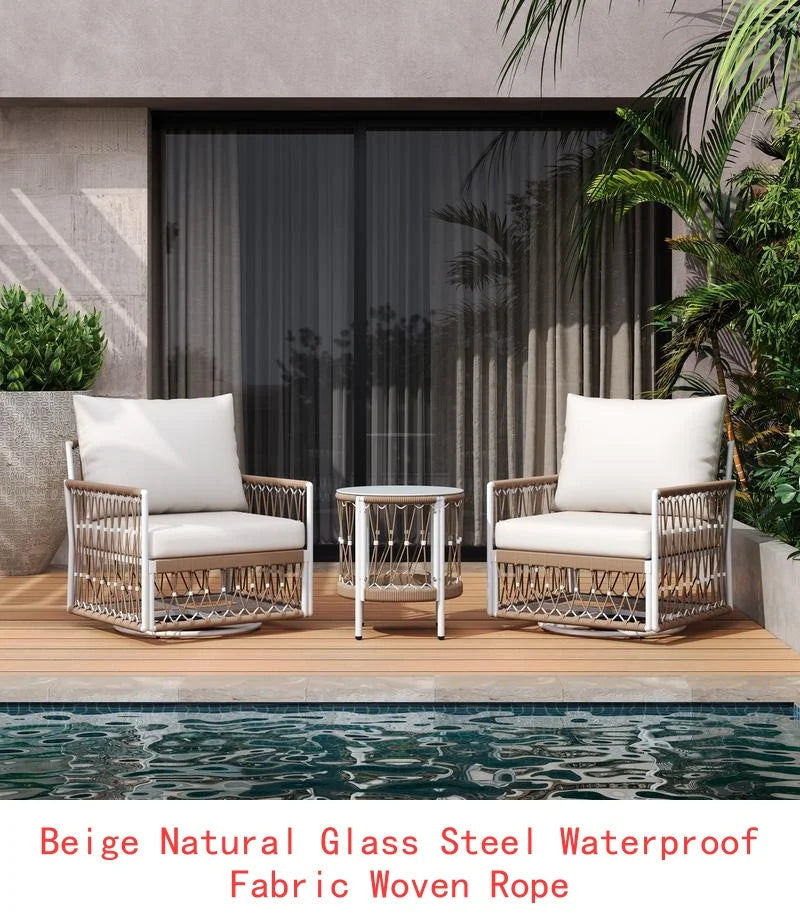 Bohemian Outdoor Furniture Set, 3-Piece with 2 Lounge Chairs & Glass Table, Handwoven Rope & Powder-Coated Steel Frame,