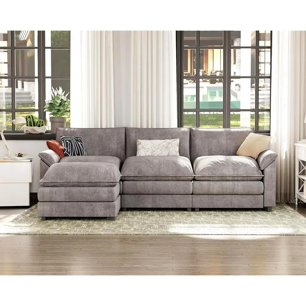 Sectional Sofa with Ottoman, Chenille Fabric, Convertible 3-Seater Couch for Living Room (Gray, L-Shape) | Breathable Material