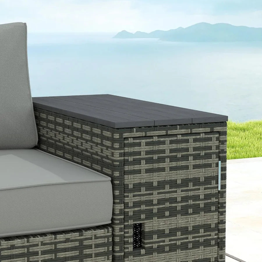 3 Seater Wicker Sofa with 2 Storage Side Tables and Thickened Cushions Rattan Outdoor Patio Sofa with Wide Armrests for Porch G