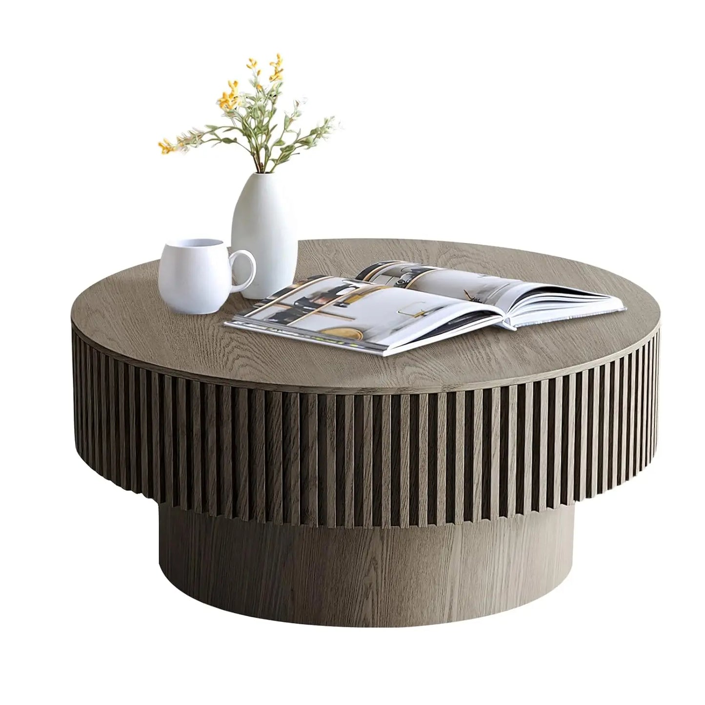 Round Coffee Table For Living Room, Accent Fluted Drum Coffee Table With Storage, Modern Solid Wood Circle Center Tea Table For