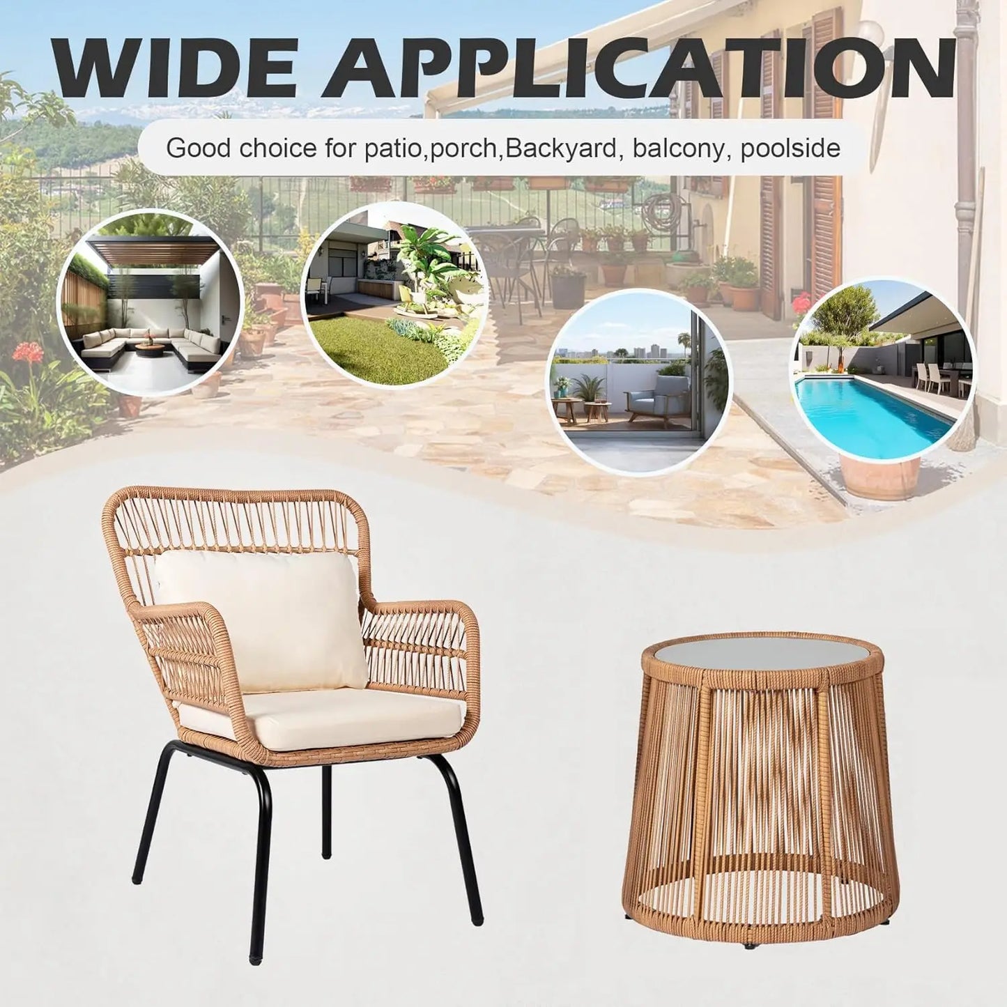3 Piece Outdoor Wicker Furniture Bistro Set, Rattan Chairs Conversation Sets Wicker Patio Furniture for Balcony Poolside Backyar