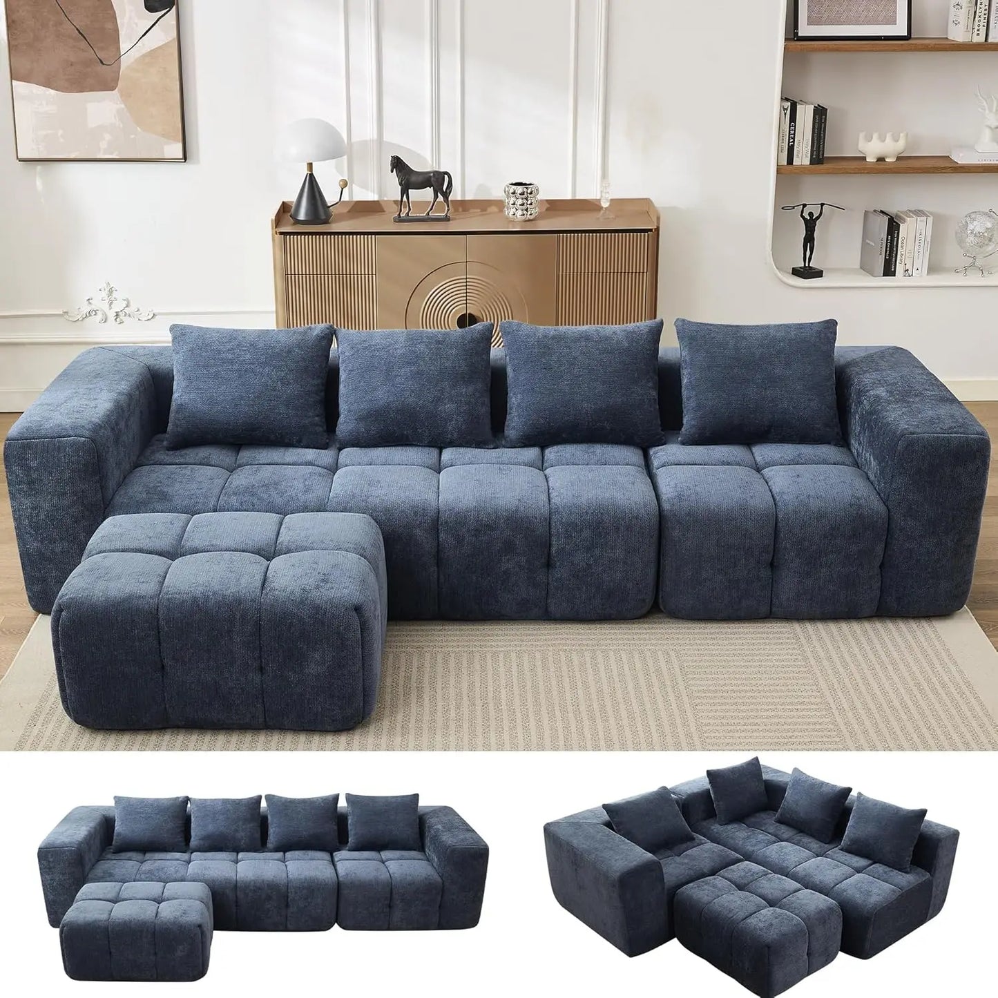 U-Shaped Sectional Sofa, Convertible Modular Couch with Double Chaise, 4-Seater Living Room Furniture, Black