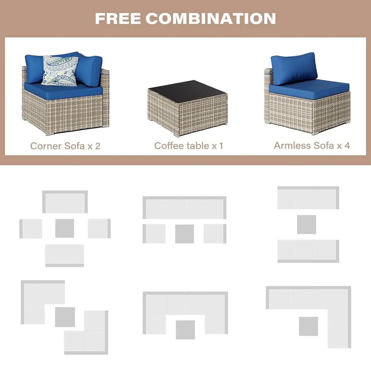 7-Piece Gray Rattan Patio Furniture Sets, Outdoor Conversation Sofa Sets with Water Resistant Blue Cushions &, Customized