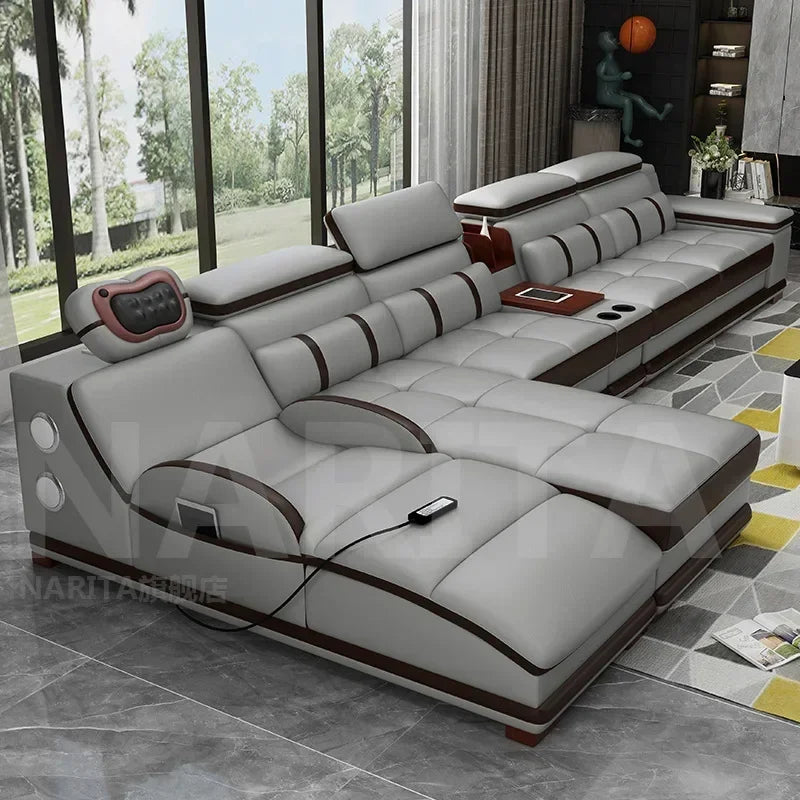 Genuine leather sofa massage seat, cowhide multifunctional living room furniture, leather art storage, sofa combination