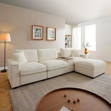 120.3" Modern L-Shaped Sectional Sofa with 360°Swivel Drop-Down Table, Storage Armrest, USB Ports & Movable Storage Ottoman – Pl