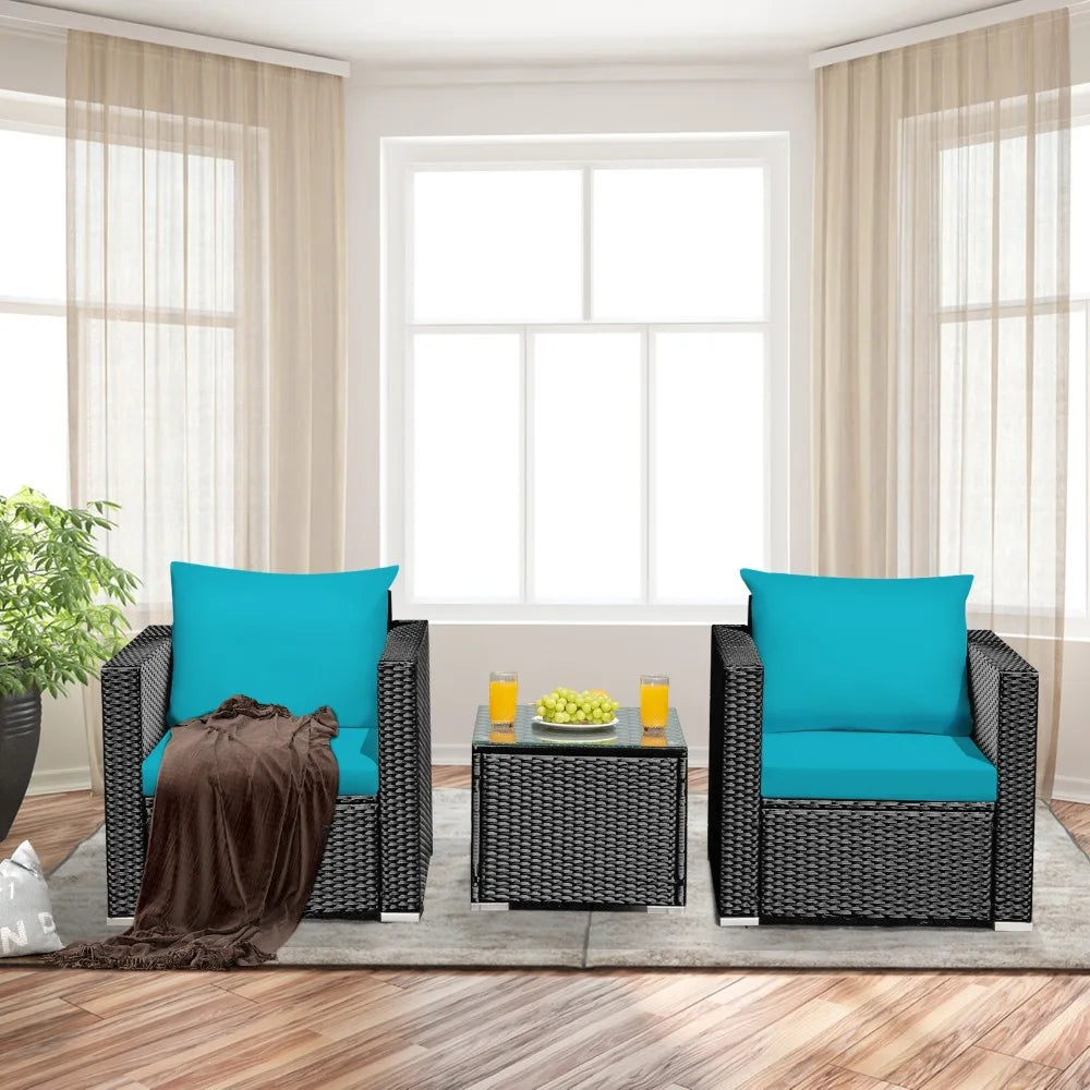 3PCS Patio Rattan Wicker Furniture Set Sofa Table W/Cushion Turquoise