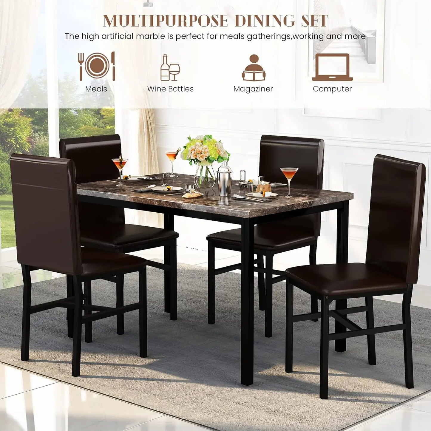 Faux Marble Dining Table Set for 4, PU Leather Chairs, Modern Kitchen Table & Chairs, Coffee Color