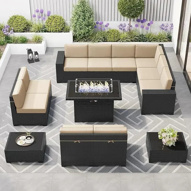 PatioLix 8 Piece Patio Furniture with 44"Propane Gas Fire Pit Table. Outdoor Sectional Conversation Set Wicker Rattan Sofa
