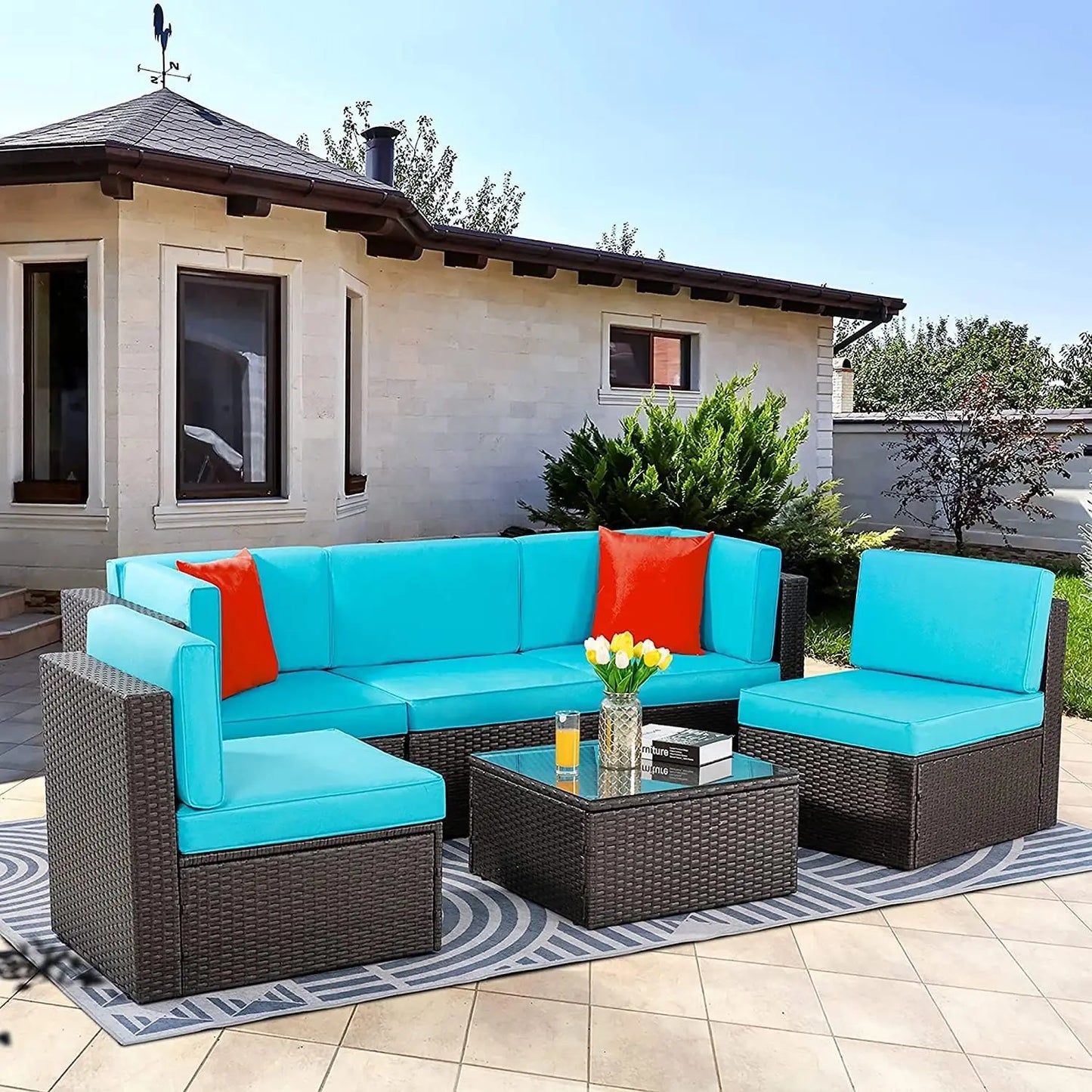 6 Piece Patio Furniture Set, Small Outdoor Sectional Sofa Couch, All Weather PE Wicker L-Shaped Corner Patio Sofa Garden Backya