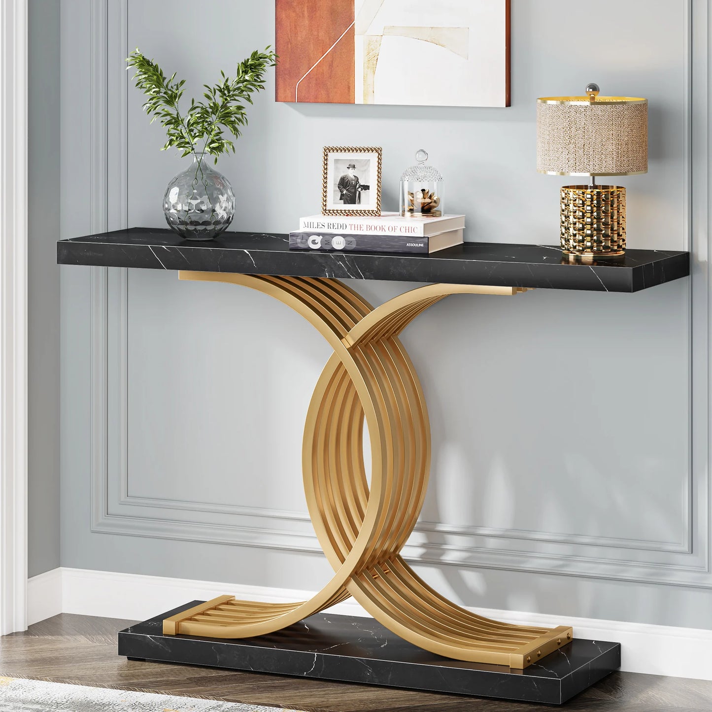 Tribesigns Gold Entryway Table, Modern 39-Inch Console Faux Marble Narrow Wood Sofa with Geometric Metal Legs