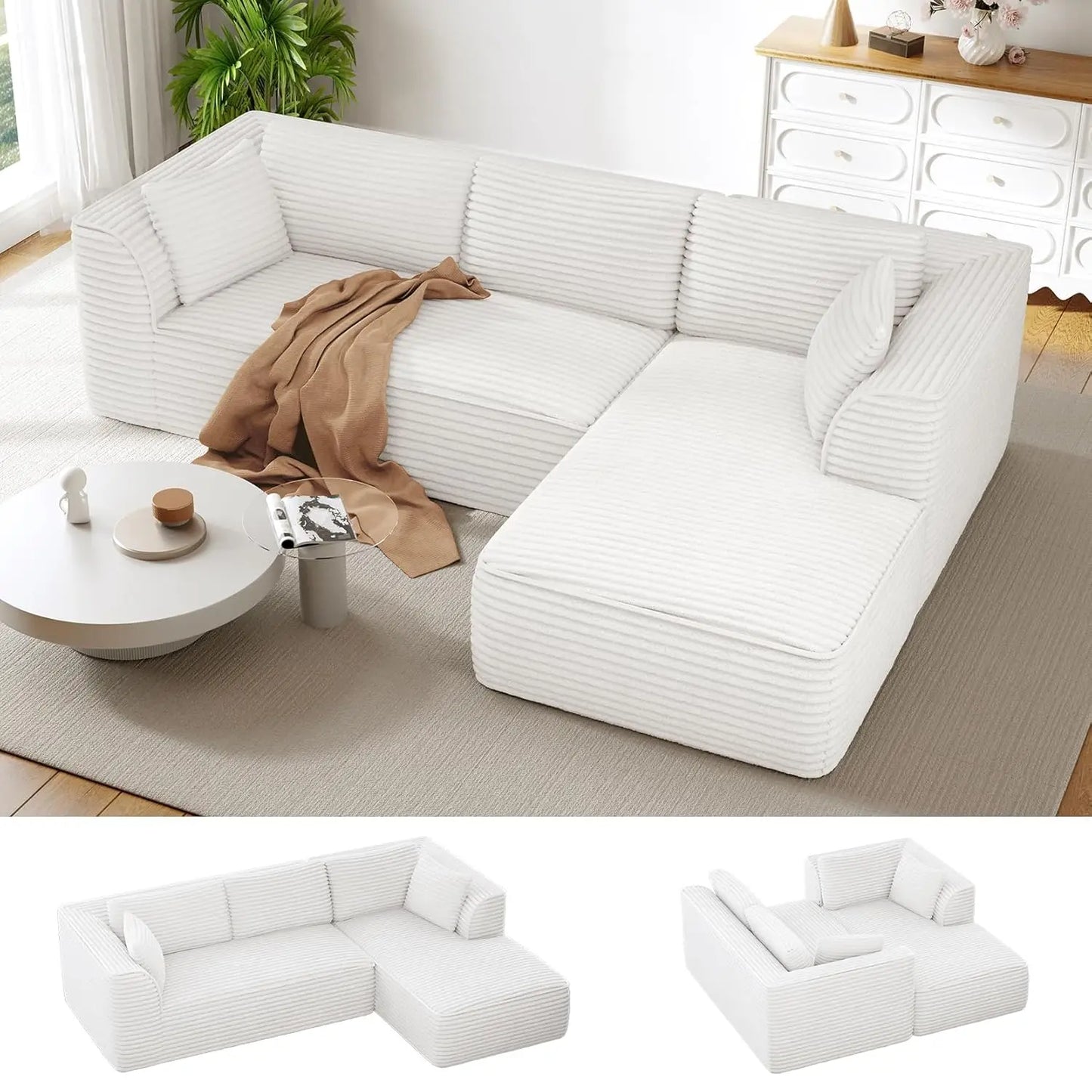 106" Cloud Couch with Chaise, Deep Seat Fluffy Modular Sectional Sofa Corduroy Memory Foam Boneless Couches for Living Room