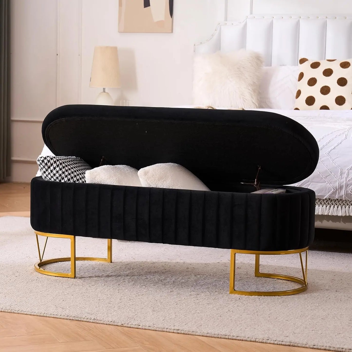 46" Tufted Upholstered Ottoman Bench – Gold Metal Legs & Hidden Storage | Multi-Functional Footrest for Living Room, Bedroom