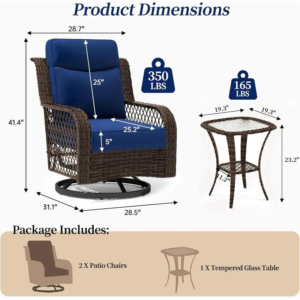 Patio Bistro Set 3 Piece Wicker Rocking Chairs Sets Outdoor Swivel Chair urniture Set with Rattan Side Table, 5" Thick Cushion G