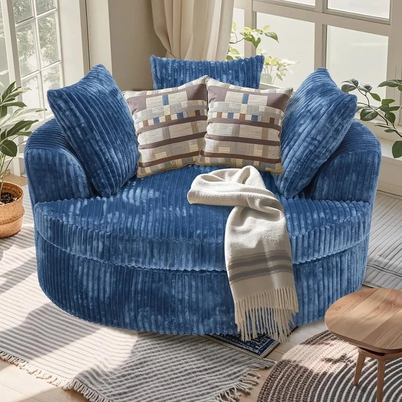 Oversized 59 Inch Indoor Chaise Lounge Chair, Round Corduroy Sofa Bed with Backrest and Throw Pillows