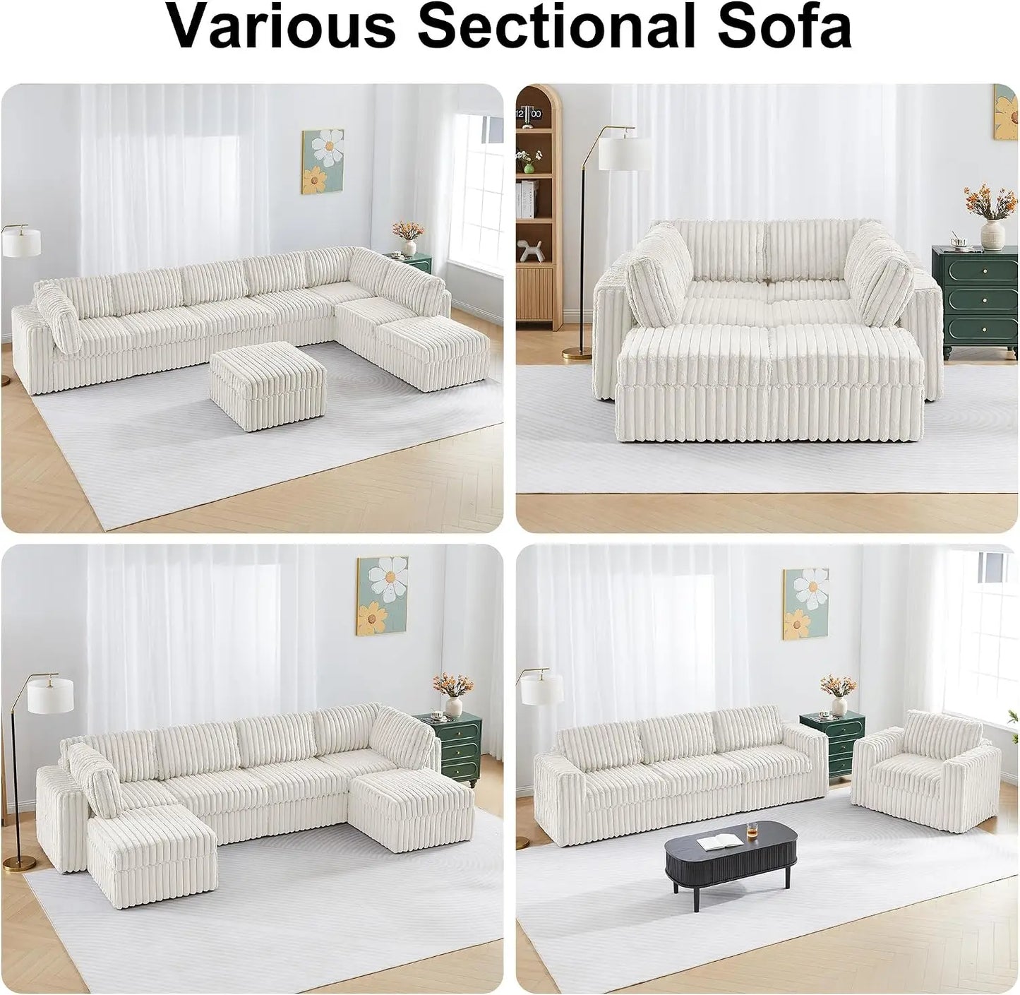 Modular U Shaped Sectional Sofa, 6-Seat Corduroy Couch with Storage, Reversible Chaise, Plush Faux Fur, White