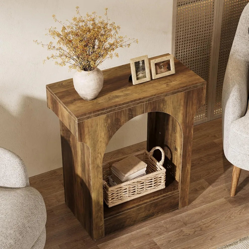 Wood End Table Set of 2, Side Table with Storage Space for Living Room, Narrow Nightstand for Bedroom, Rustic Brown