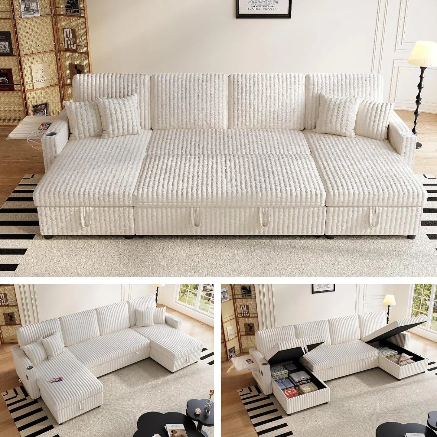 Sleeper Sectional Sofa, 110" Modern U Shaped Couch with Pull Out Bed, Convertible Corduroy Cloud Sofa with Double, Customized