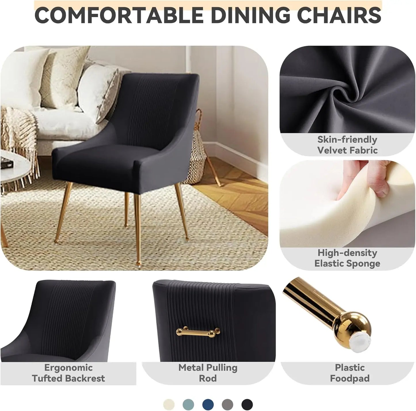 Modern Velvet Dining Chairs Set of 2 with Gold Legs, Tufted Black Upholstered Chairs for Living Room, Study, Reception