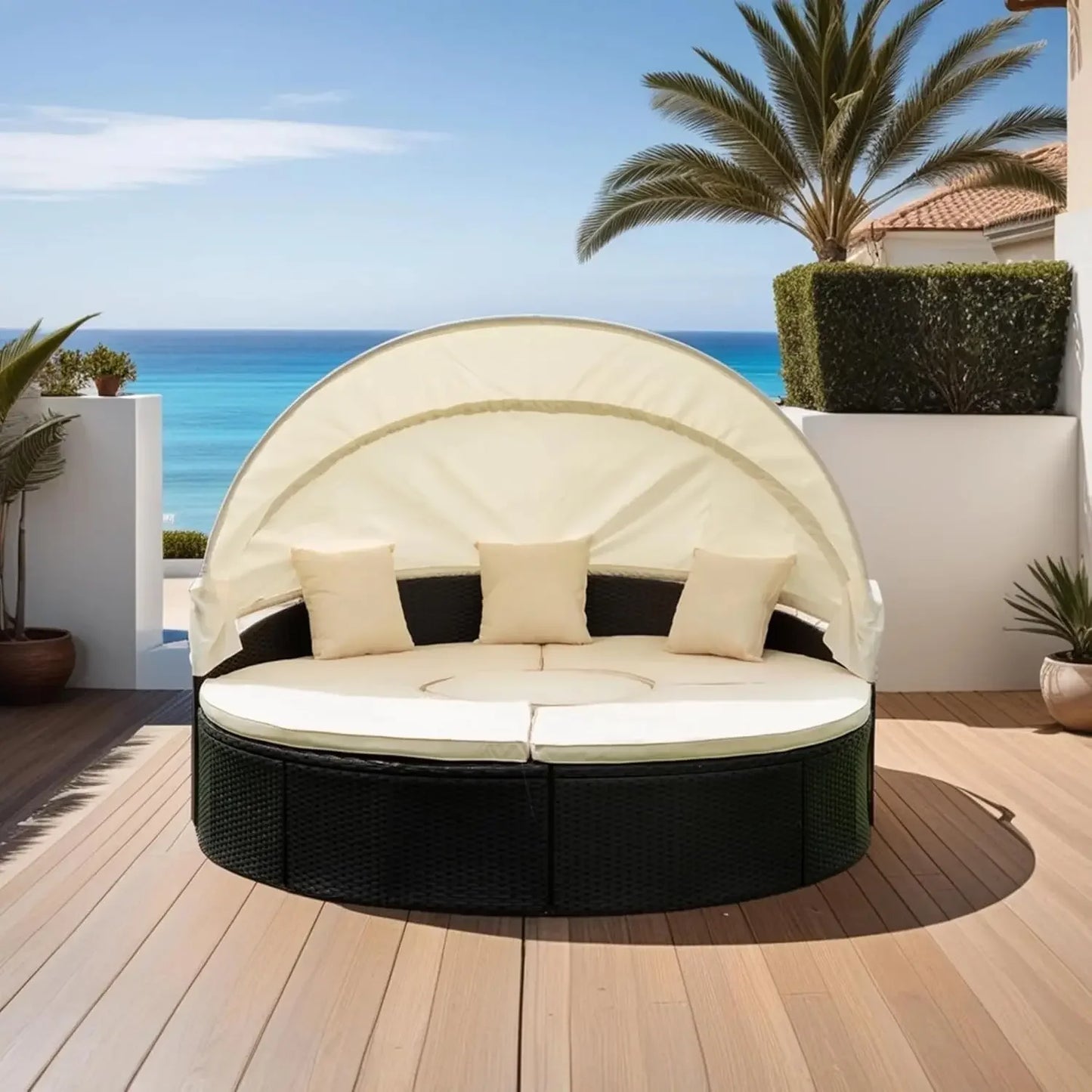 %a Patio Rattan Sunbed with Retractable Canopy, Round Outdoor Sectional Sofa Set with Separate Seating,liftable Table and Remov