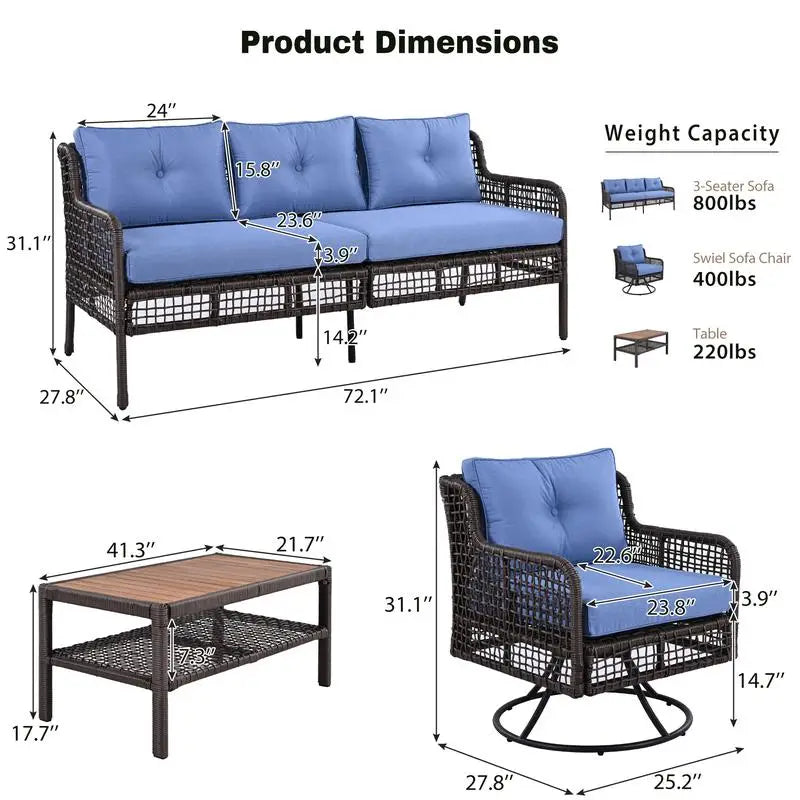 4-Piece Patio Furniture Set with Swivel Chairs, Outdoor Wicker Sectional for 5, Rattan Conversation Set for Poolside and