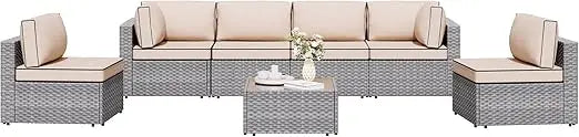 7 Pieces Outdoor Patio Sectional Sofa Couch, Silver Gray PE Wicker Furniture Conversation Sets with Washable Cushions & Glass C